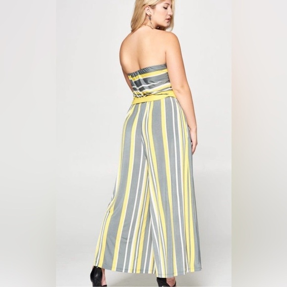 New!Plus Size Yellow Striped Wide Leg Jumpsuit Belt Side Pockets Sizes 1X 2X 3X - Picture 3 of 6